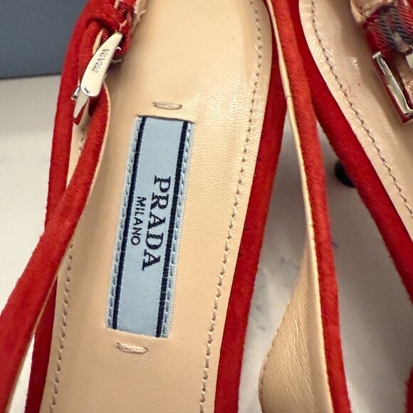 Prada Red Suede Slingback Kitten Heels Size 38 - Picture 7 of 15